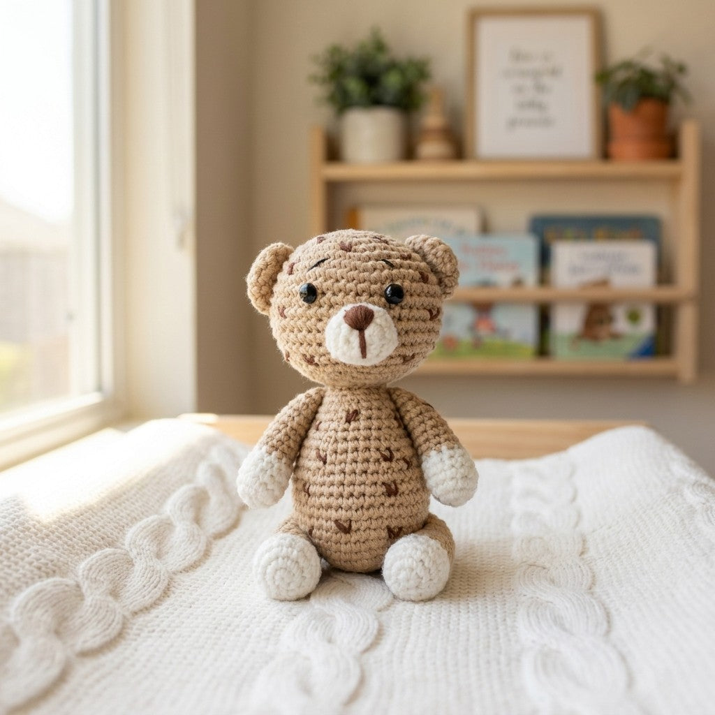 Crocheted leopard on a textured surface with a blurred bookshelf in the background