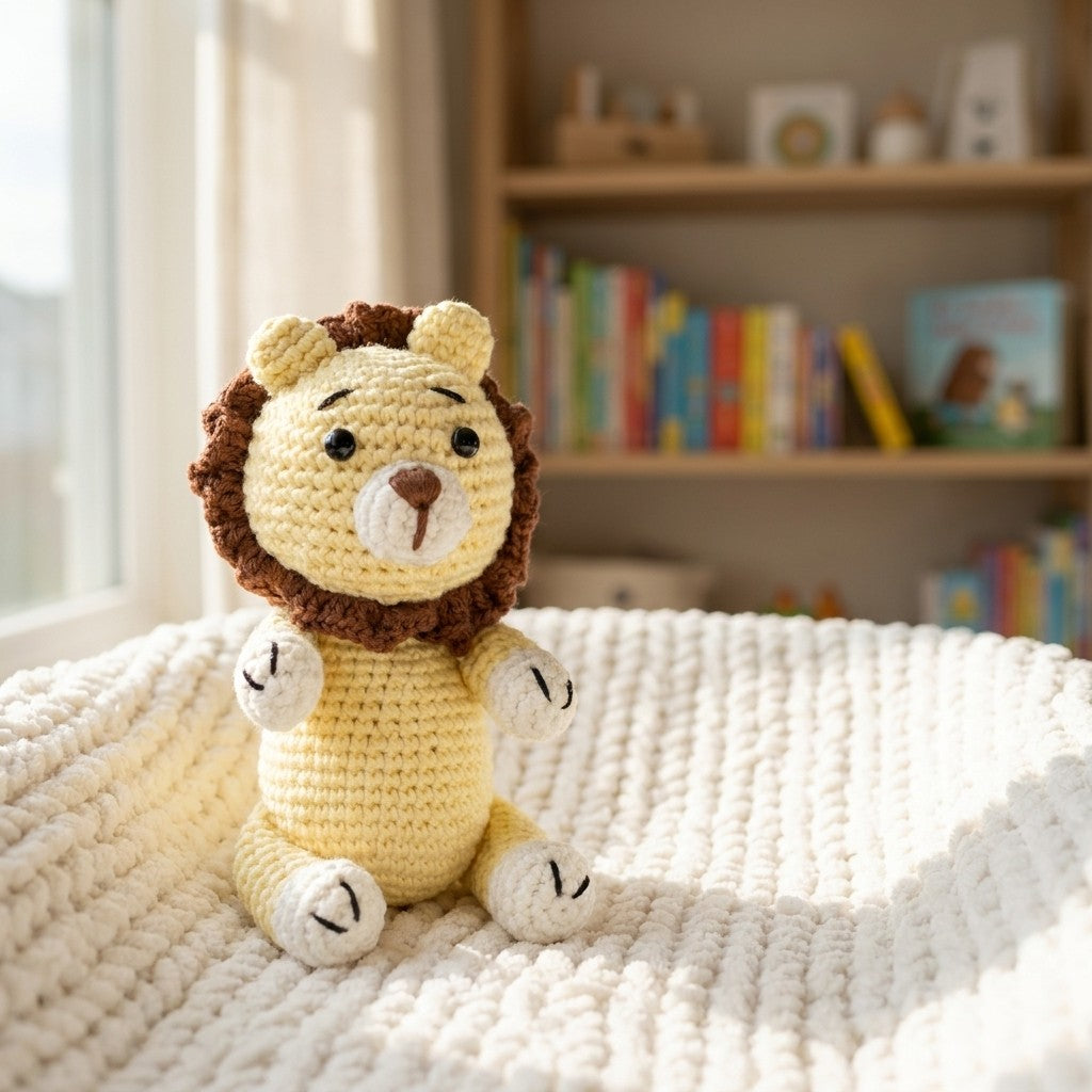Crocheted lion toy on a textured surface with a bookshelf in the background