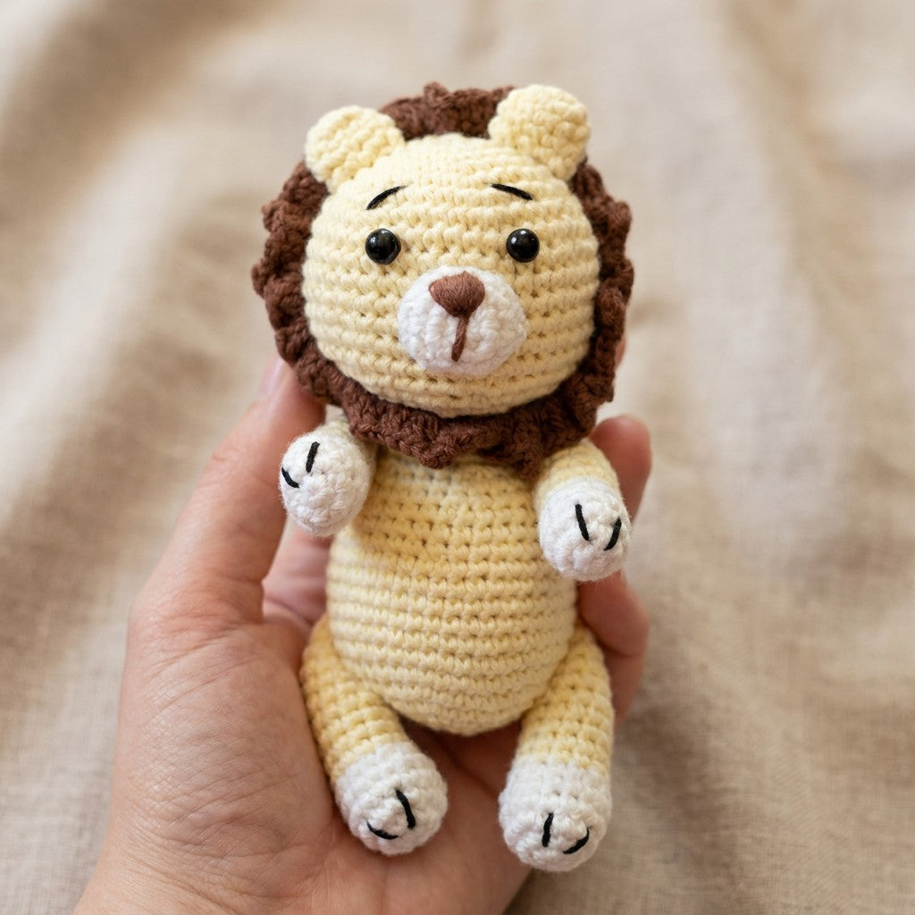 Hand holding a small crochet lion toy against a beige background