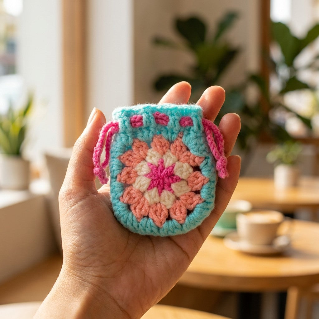 Hand holding a colorful crocheted square with a blurred indoor setting