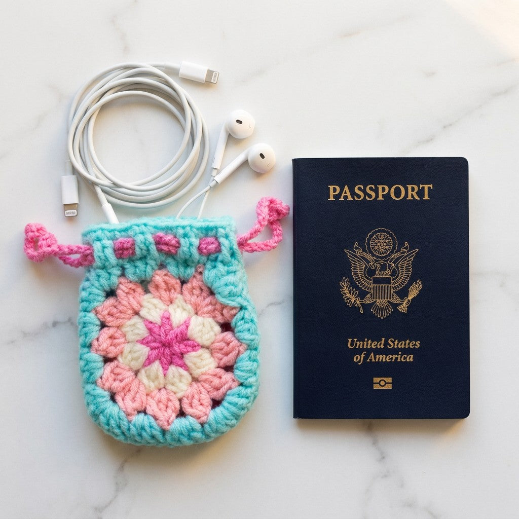 Crocheted pouch, passport, and earphones on a marble surface
