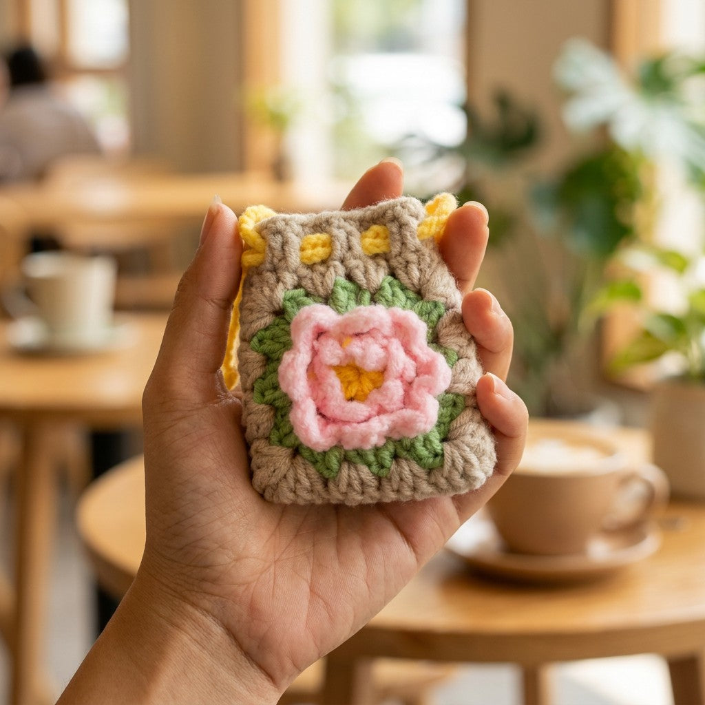 Hand holding a crocheted flower patterned item with a blurred cafe background