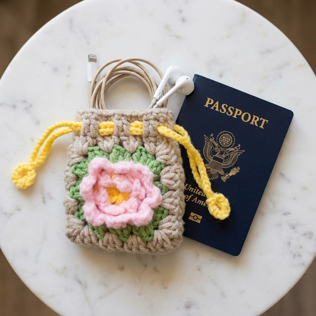 Crocheted pouch with a pink flower design next to a passport on a marble surface