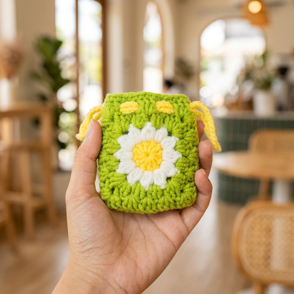 Hand holding a green crocheted pouch with a white flower design in a blurred indoor setting