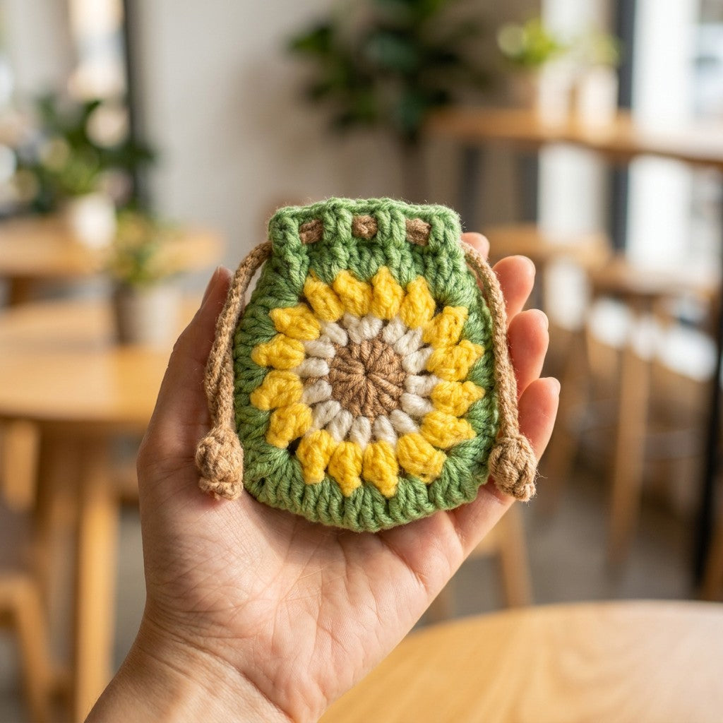 Hand holding a green and yellow crocheted pouch in a blurred indoor setting