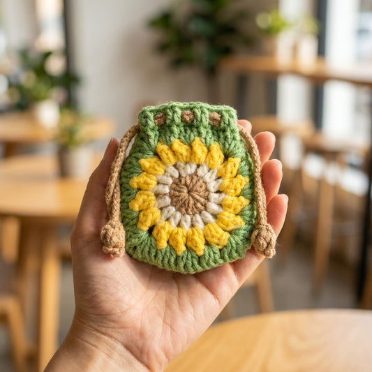 Hand holding a green and yellow crocheted pouch in a blurred indoor setting