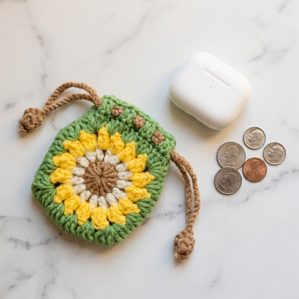 Crocheted pouch with sunflower design on a marble surface with coins and wireless earbuds.