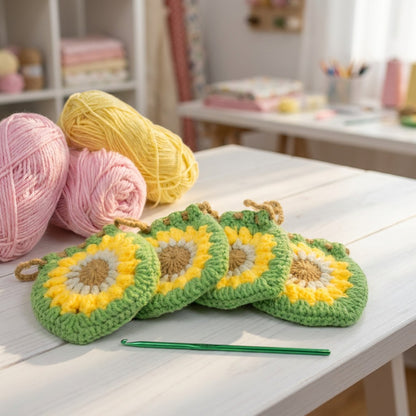Crocheted sunflower pouches with yarn and a crochet hook on a table.