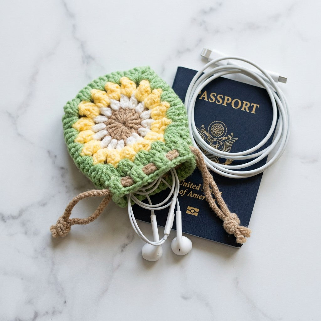 Crocheted green and yellow heart-shaped case with earphones on a passport against a marble background