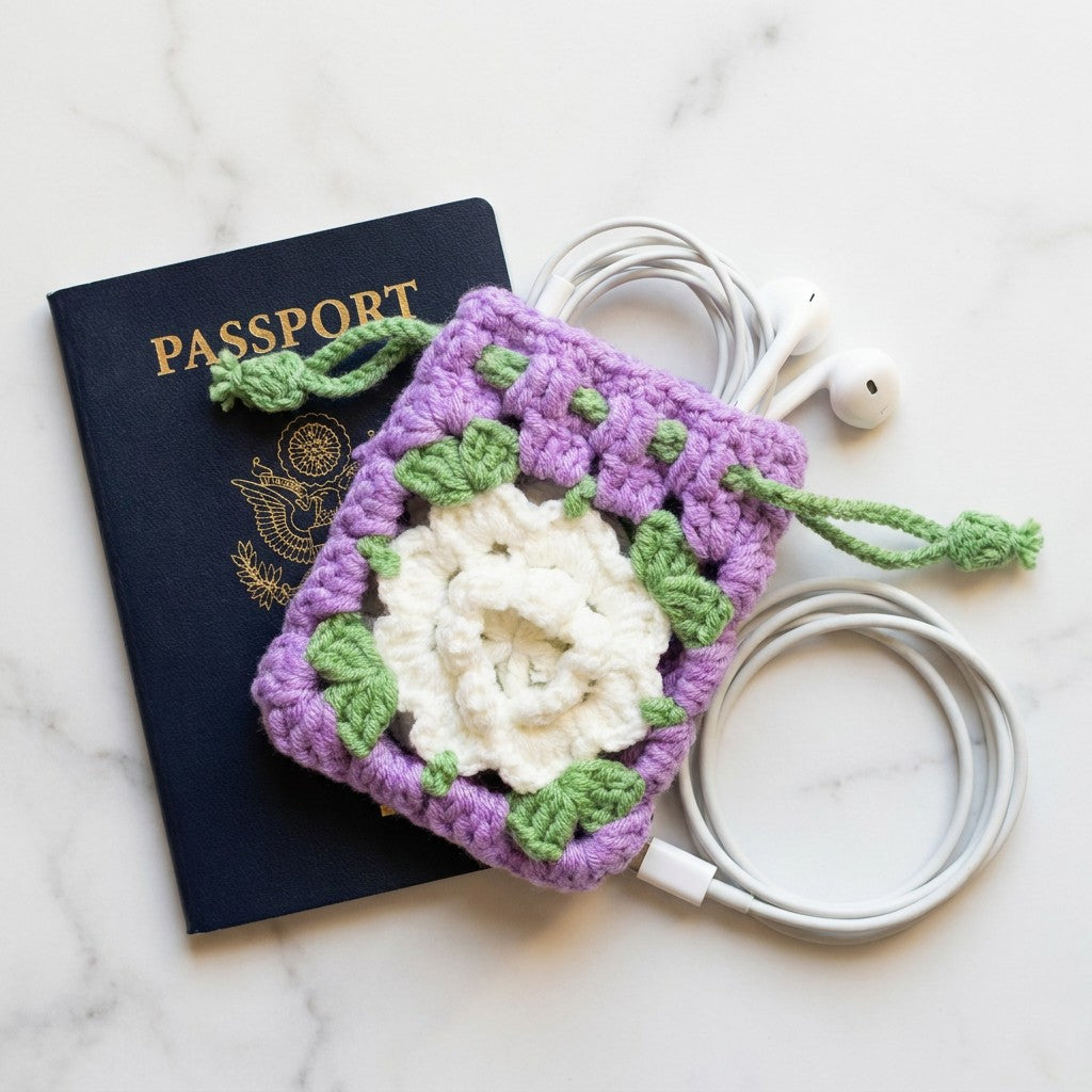 Crocheted purple pouch with floral design on a passport and earbuds on a marble surface