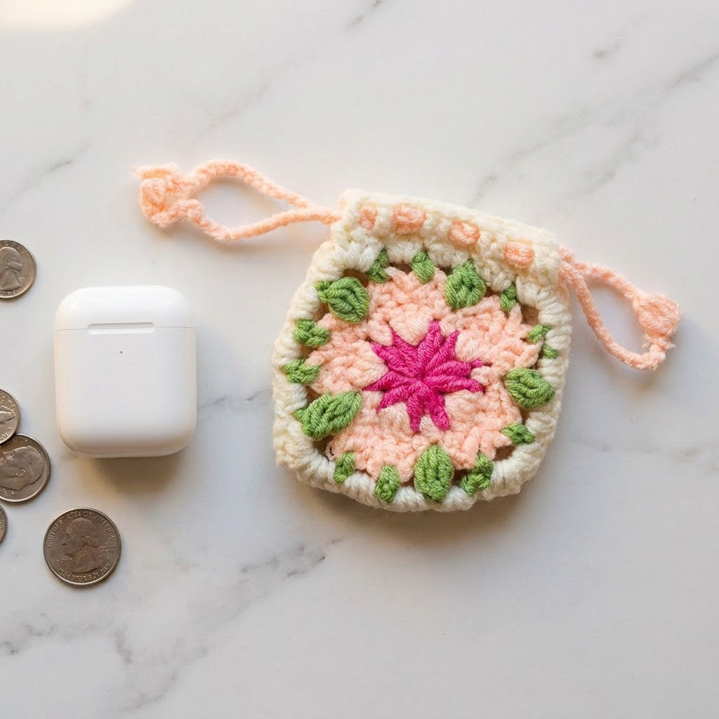 Crocheted pouch with pink center and green leaves on a marble surface with coins and an airpods case.