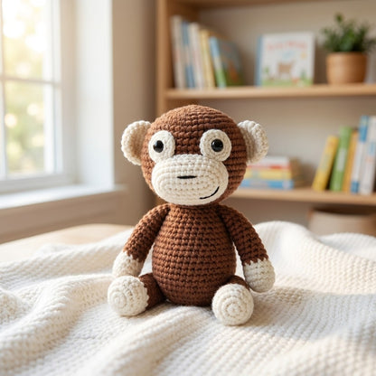 Crocheted monkey toy on a blanket with a bookshelf in the background