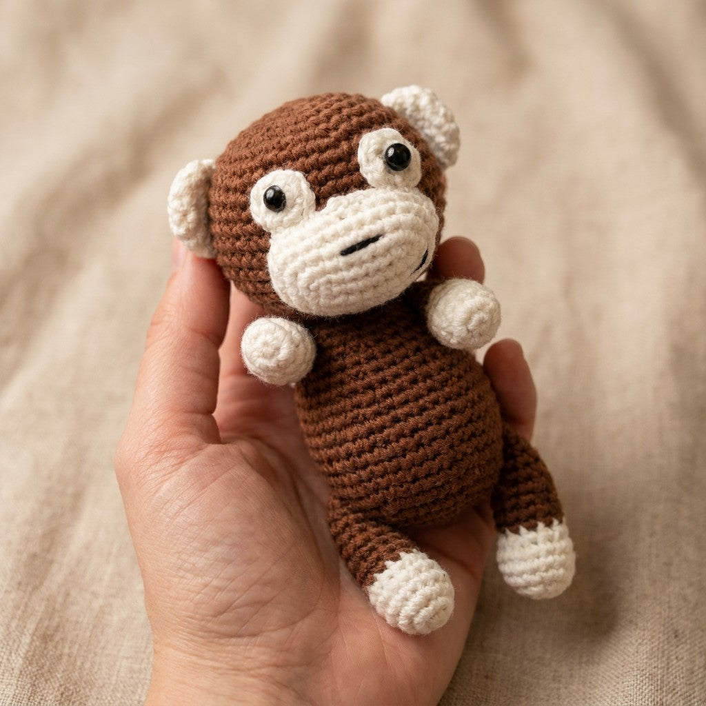 Hand holding a small crochet monkey toy against a beige background