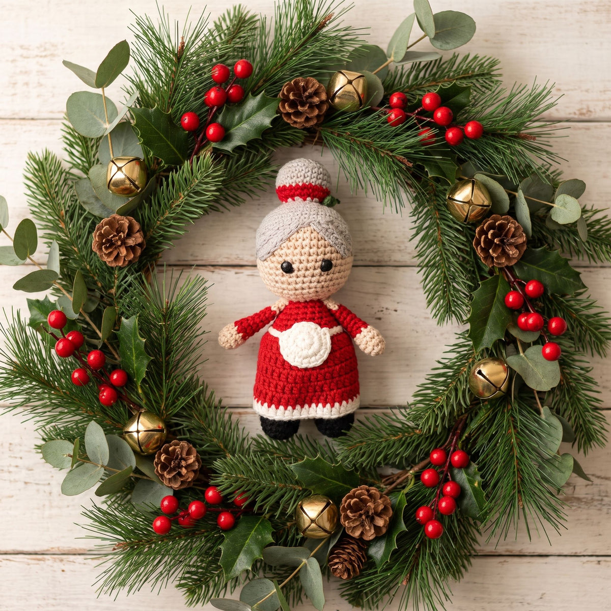 A festive Christmas wreath made of green pine branches, decorated with red berry clusters, pinecones, gold bells, eucalyptus leaves, and a handmade crochet baby safe Mrs. Claus ornament by YarnYummies in the center, set against a light wood plank background.