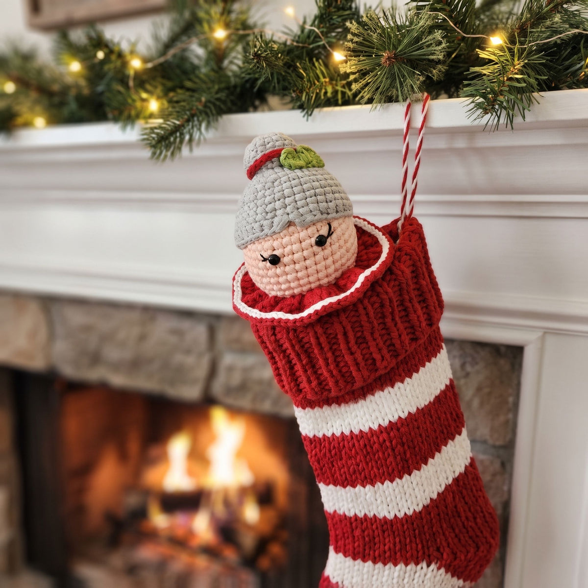 A knitted Christmas stocking hanging from a white fireplace mantel with a lit fire and green garland in the background. The stocking is red and white striped with a Handmade crochet Mrs. Claus head ornament with rattle by YarnYummies peeking out, wearing a gray hat with a red band and green leaf detail.