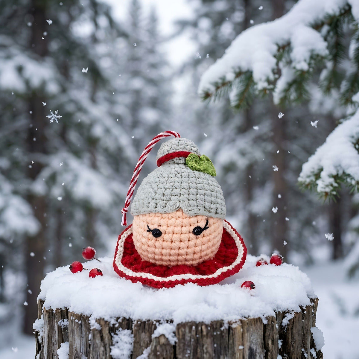 A Handmade crochet Mrs. Claus head ornament with rattle by YarnYummies, standing on a snow-covered tree stump in a snowy forest. The ornament has a gray hat with a red-and-white striped candy cane and a small green leaf detail, a peach face, and a red-and-white ruffled collar.