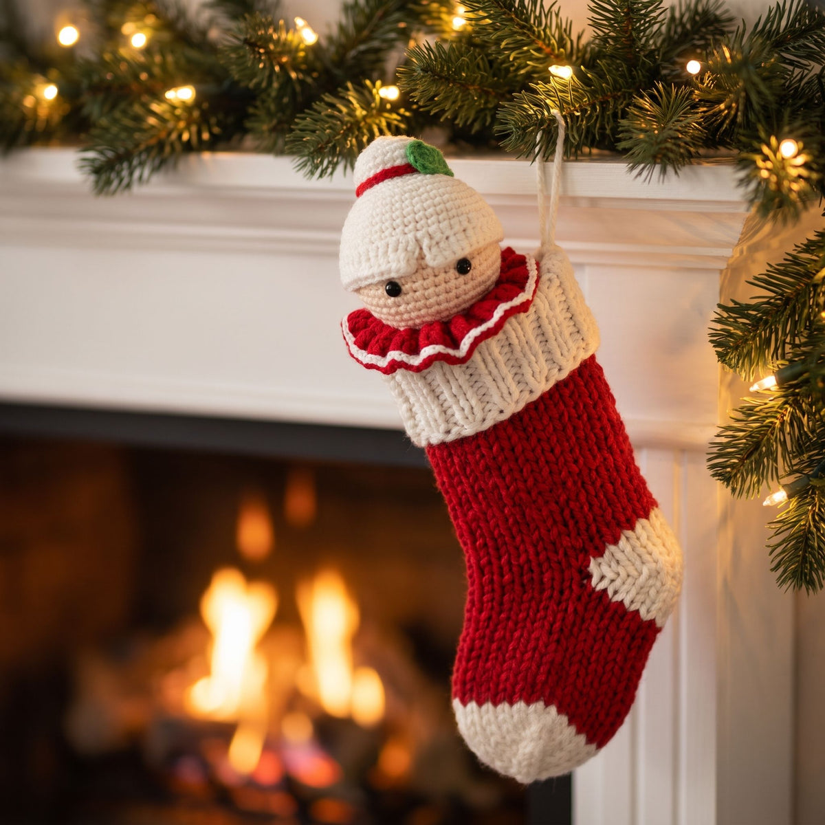 A knitted Christmas stocking with a Handmade crochet Mrs. Claus head ornament by YarnYummies front view peeking out and hangs from a decorated fireplace mantel with a warm fire burning in the background.