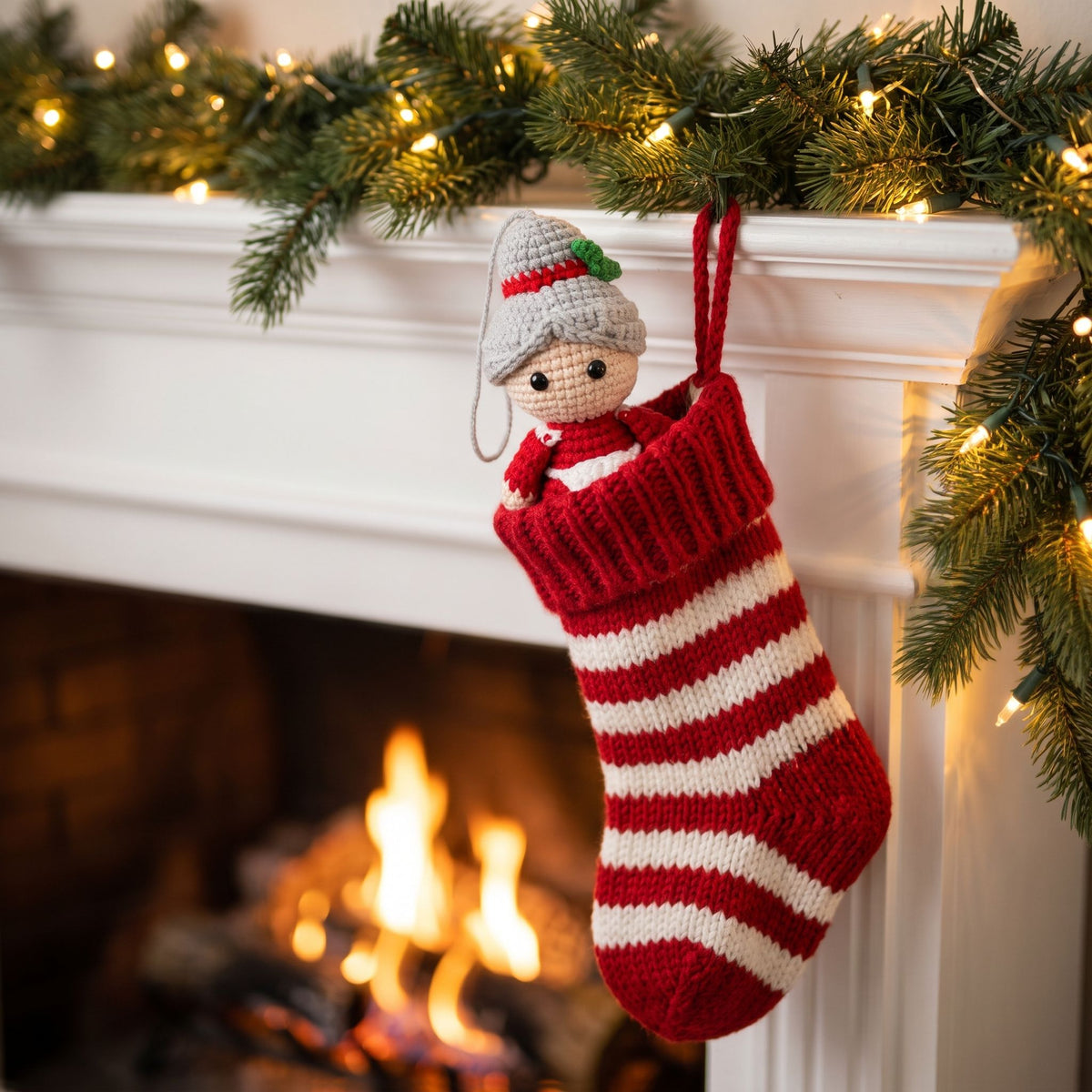 A red and white striped knitted Christmas stocking with a Handmade crochet full body Mrs. Claus ornament by YarnYummies peeking out, hanging from a white fireplace mantel decorated with green garland and warm string lights, with a fire burning in the background.