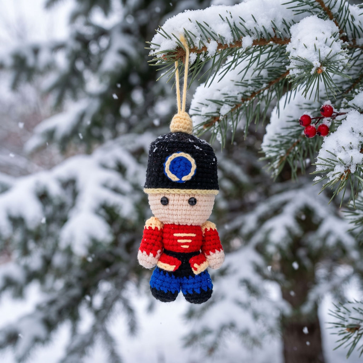 A Handmade crochet full body nutcracker ornament by YarnYummies front view showing uniform detail hanging from a snowy pine branch in the winter outdoors.