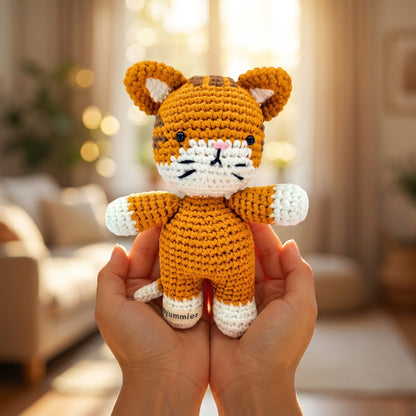 Hand holding a small orange and white crocheted teddy bear with 'yummies' text in a blurred indoor setting.