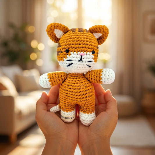 Hand holding a small orange and white crocheted teddy bear with 'yummies' text in a blurred indoor setting.