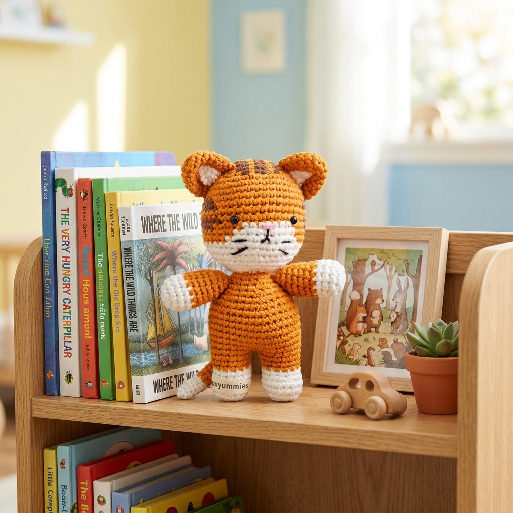 Crocheted tiger toy on a wooden shelf with books and a picture frame in a room.