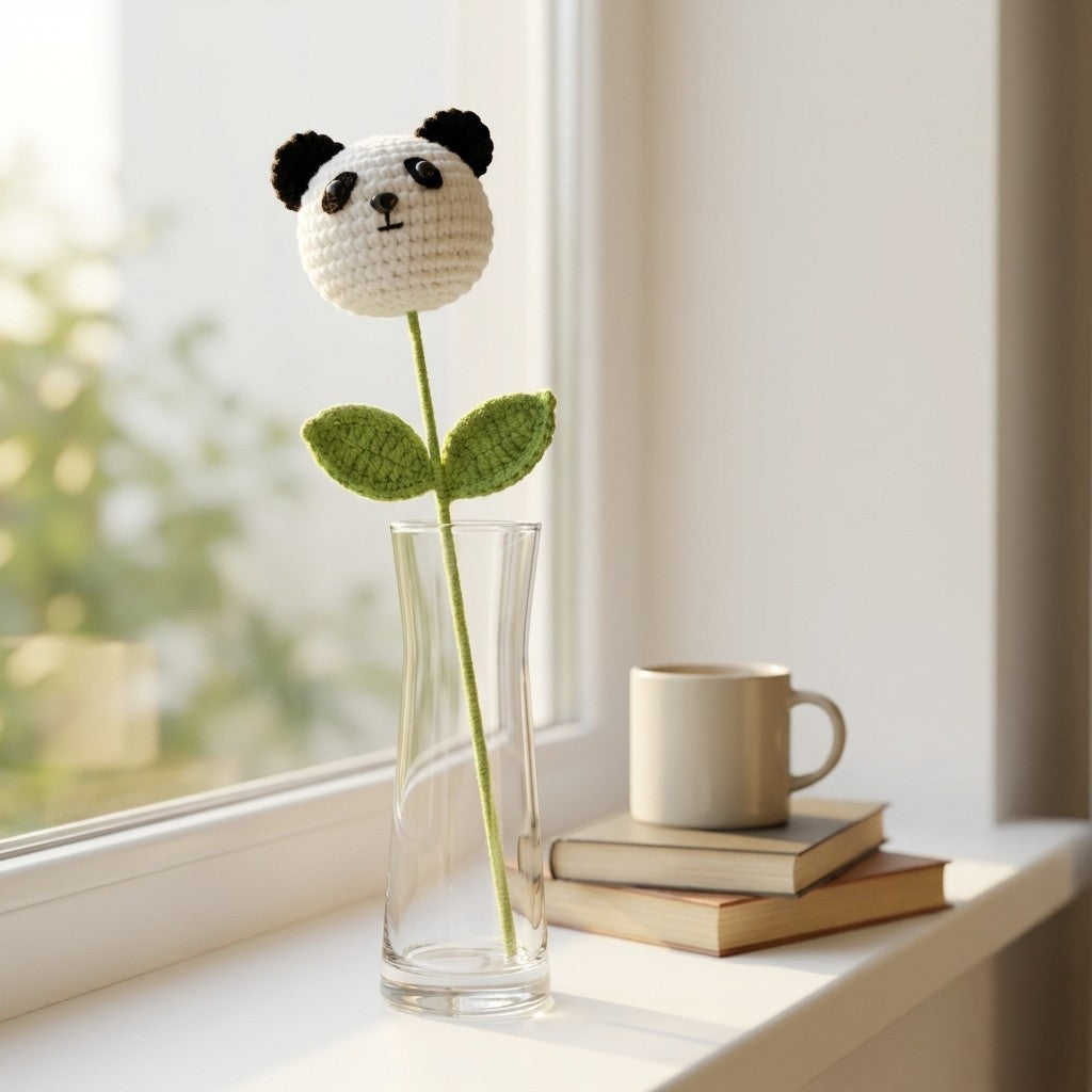 Crocheted panda flower in a vase on a windowsill with books and a mug.