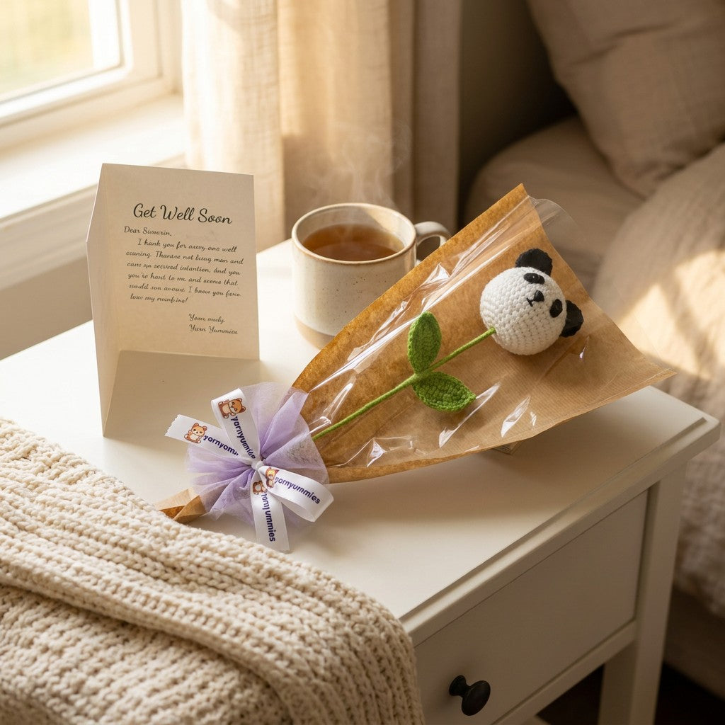 Get Well Soon card with a cup of tea, wrapped gift, and crocheted panda head on a stem and placed on a wooden surface