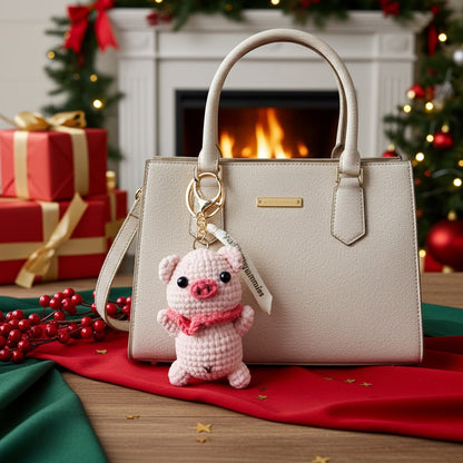 Beige handbag with a pink pig keychain on a festive background with Christmas decorations.