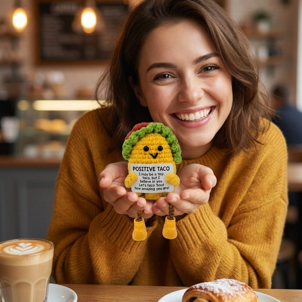 Woman holding a crocheted taco-shaped plush toy with a message in a cafe setting