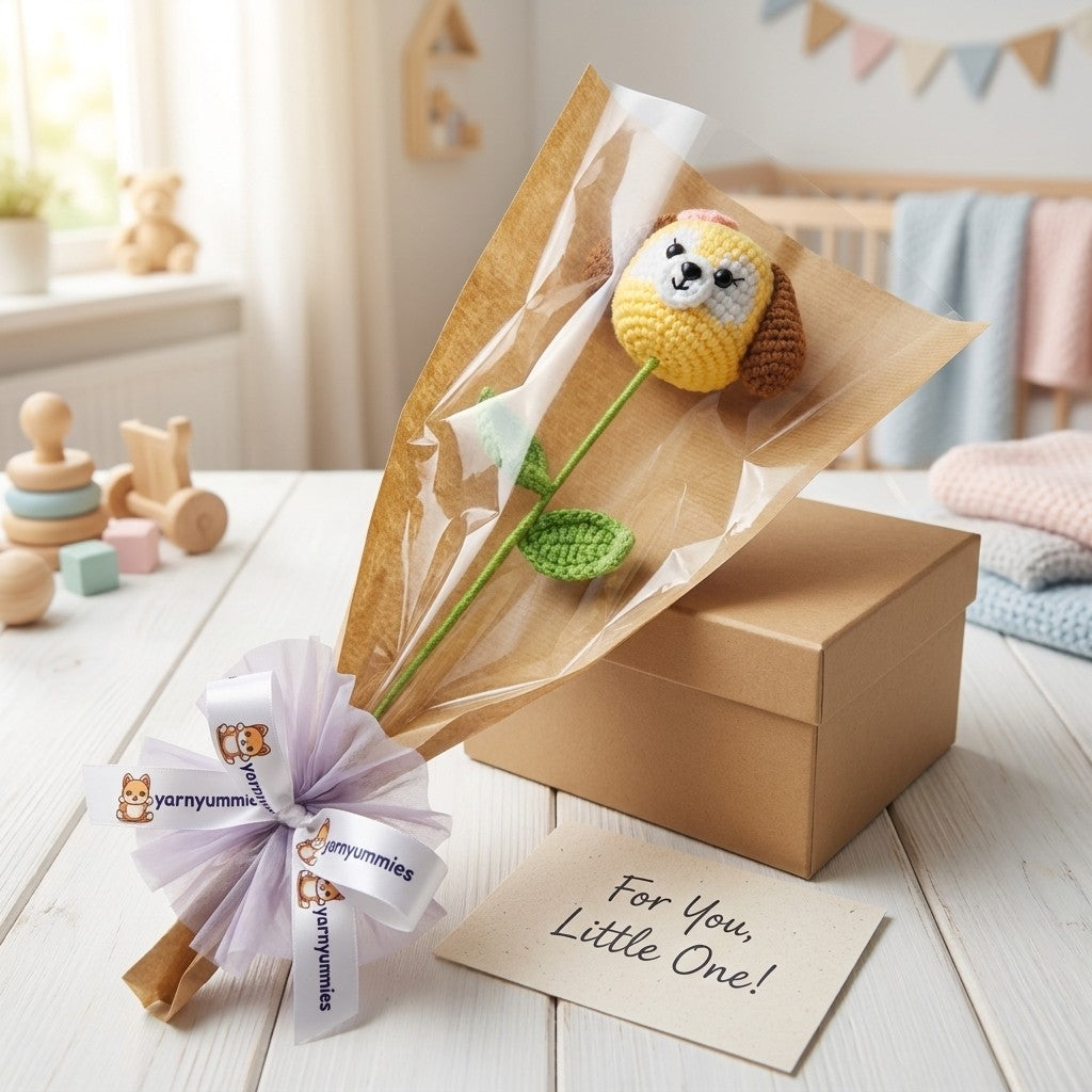 Crocheted flower with a face of a puppy on a brown box, surrounded by toys and a card in a nursery setting