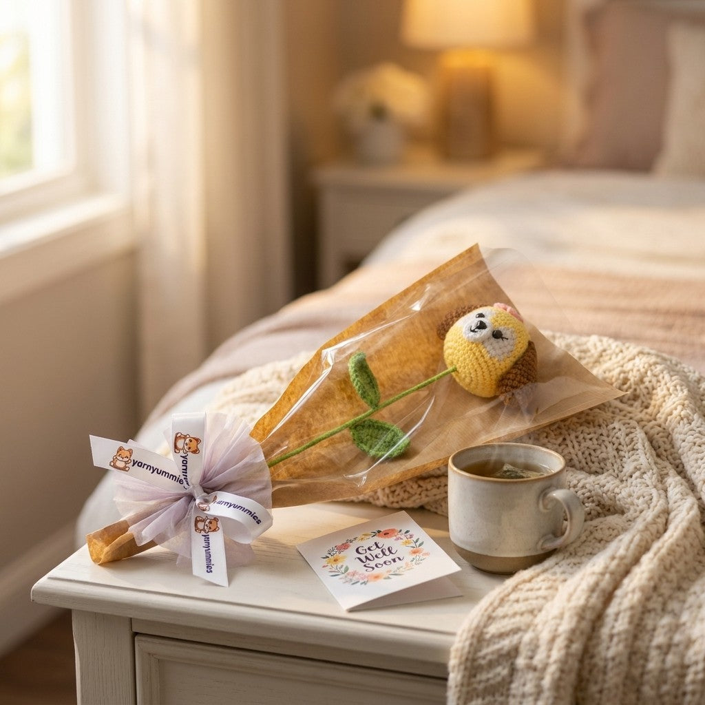 Bouquet dog shaped flower, mug of tea, and card on a bedside table with soft lighting.