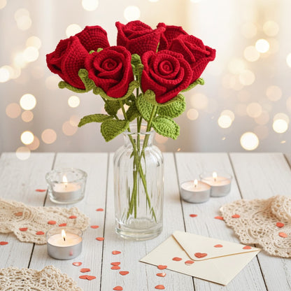 Crocheted red roses in a glass vase on a wooden table with candles and heart-shaped confetti.