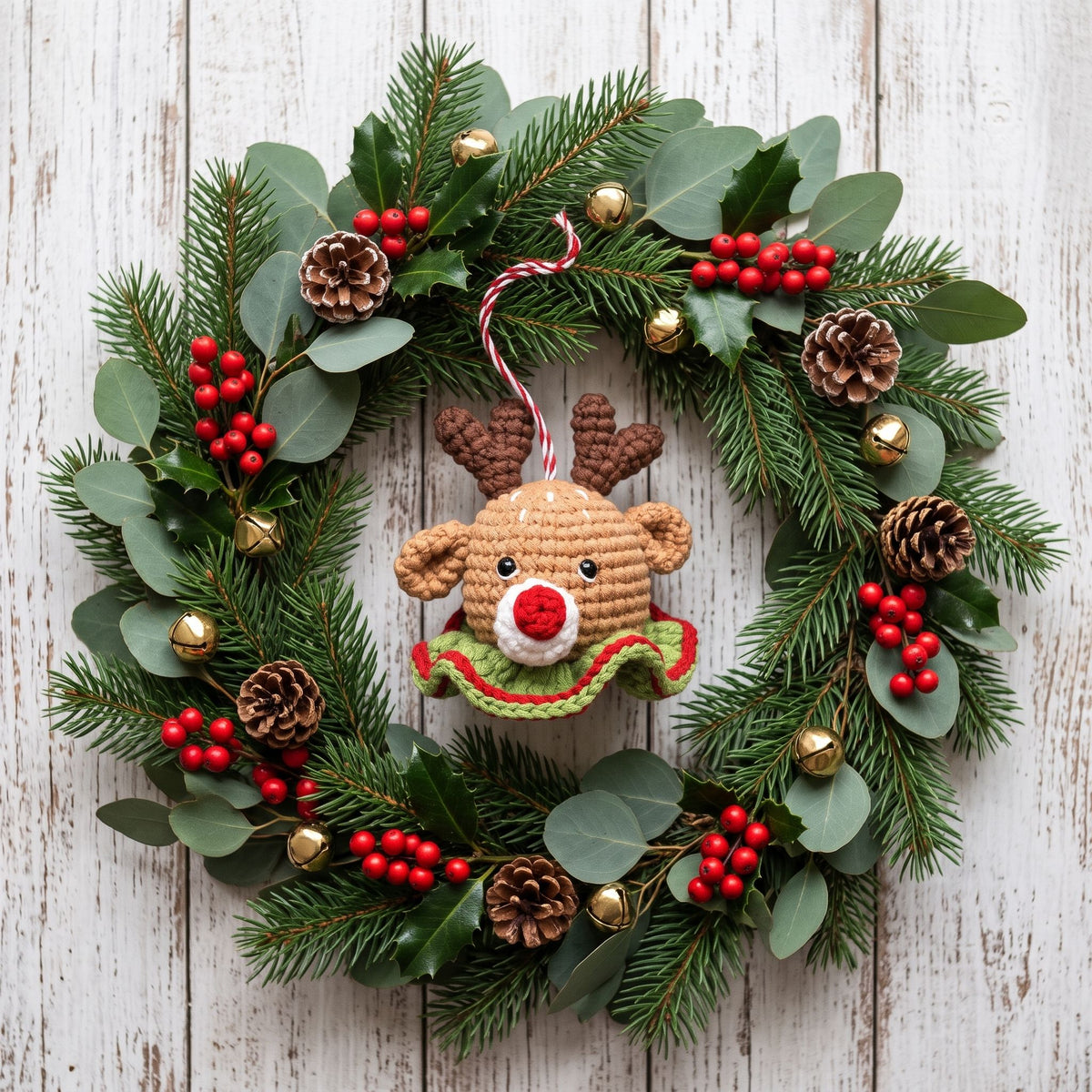 A festive Christmas wreath made of green pine branches and eucalyptus leaves, decorated with red berries, pinecones, gold bells, and a Handmade crochet reindeer head ornament with rattle by YarnYummies front view showing red nose and antlers in the center, displayed on a white wood plank background.