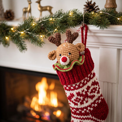 A knitted Christmas stocking with a Handmade crochet reindeer head ornament with rattle by YarnYummies front view showing red nose and antlers peeking out and hanging from a decorated fireplace mantel. The stocking is red and white patterned with a brown reindeer head, green collar, and red hanging loop.