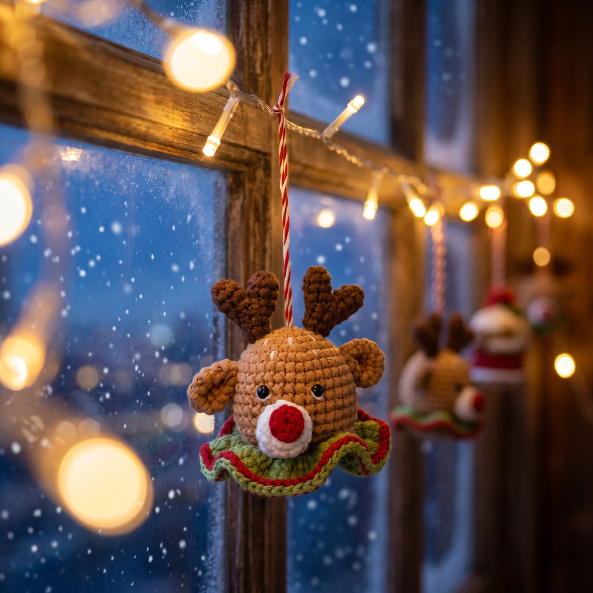 A Handmade crochet reindeer head ornament with rattle by YarnYummies front view showing red nose and antlers hanging in front of a window with warm string lights and a snowy outdoor view. The ornament is brown with a red and white striped hanging cord, a red nose, and a green and red ruffled collar.