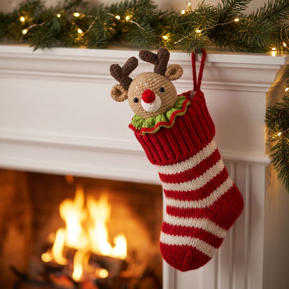 A red and white striped knit Christmas stocking with a Handmade crochet reindeer head ornament by YarnYummies front view showing red nose and antlers peeking out and hanging from a white fireplace mantel above a warm fire. Green garland with string lights decorates the mantel.