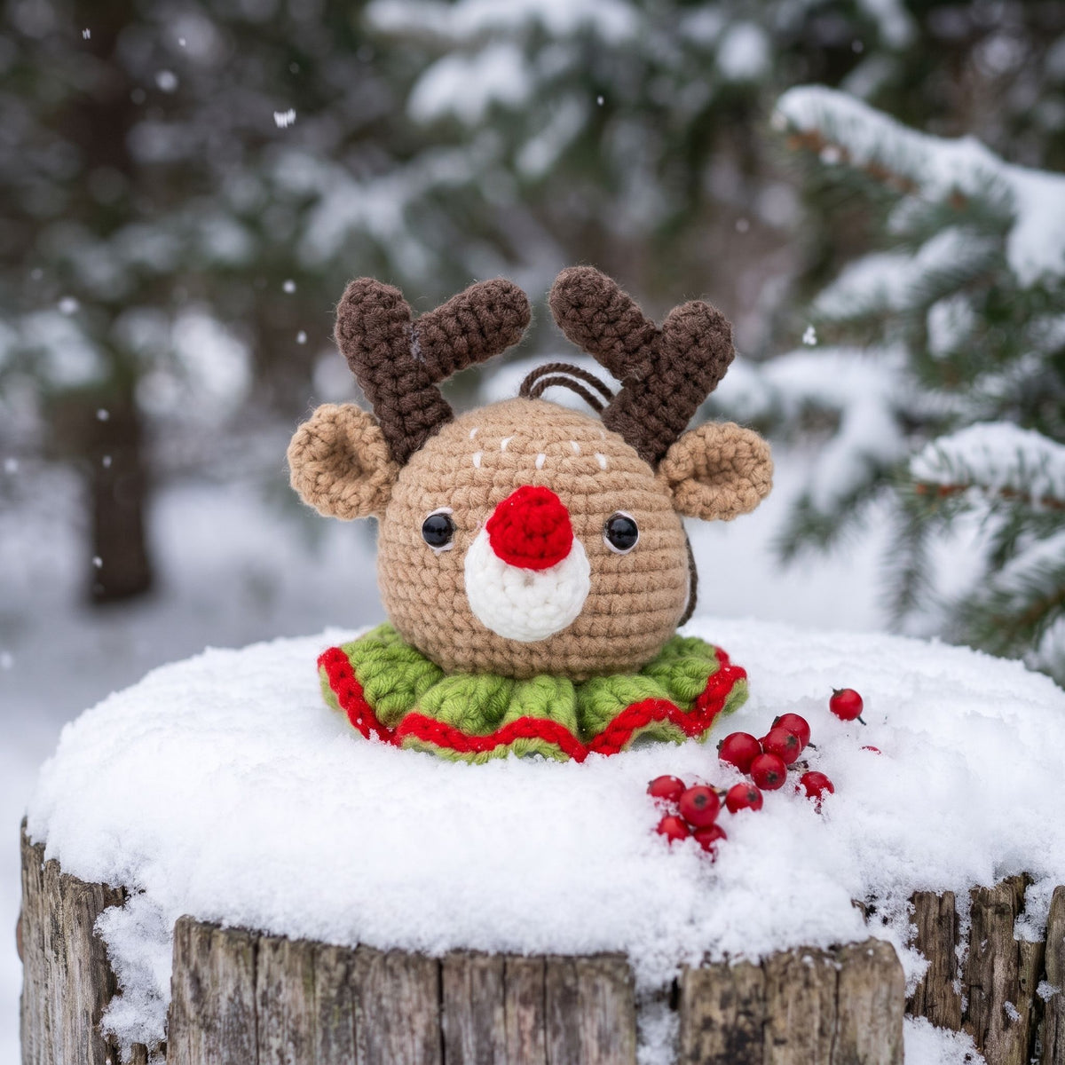 A Handmade crochet reindeer head ornament by YarnYummies front view showing red nose and antlers sits on a snow-covered tree stump outdoors in the snow, with blurred evergreen trees in the background.