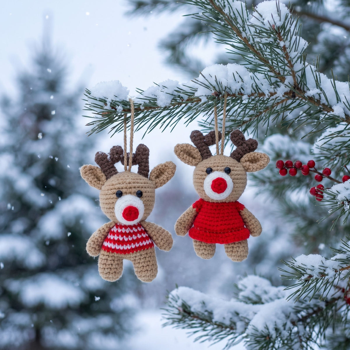 Two Handmade crochet reindeer couple ornament set by YarnYummies front view showing both reindeer with coordinated outfits hanging from snowy pine branches outdoors. One reindeer wears a red-and-white striped sweater, and the other wears a solid red dress.
