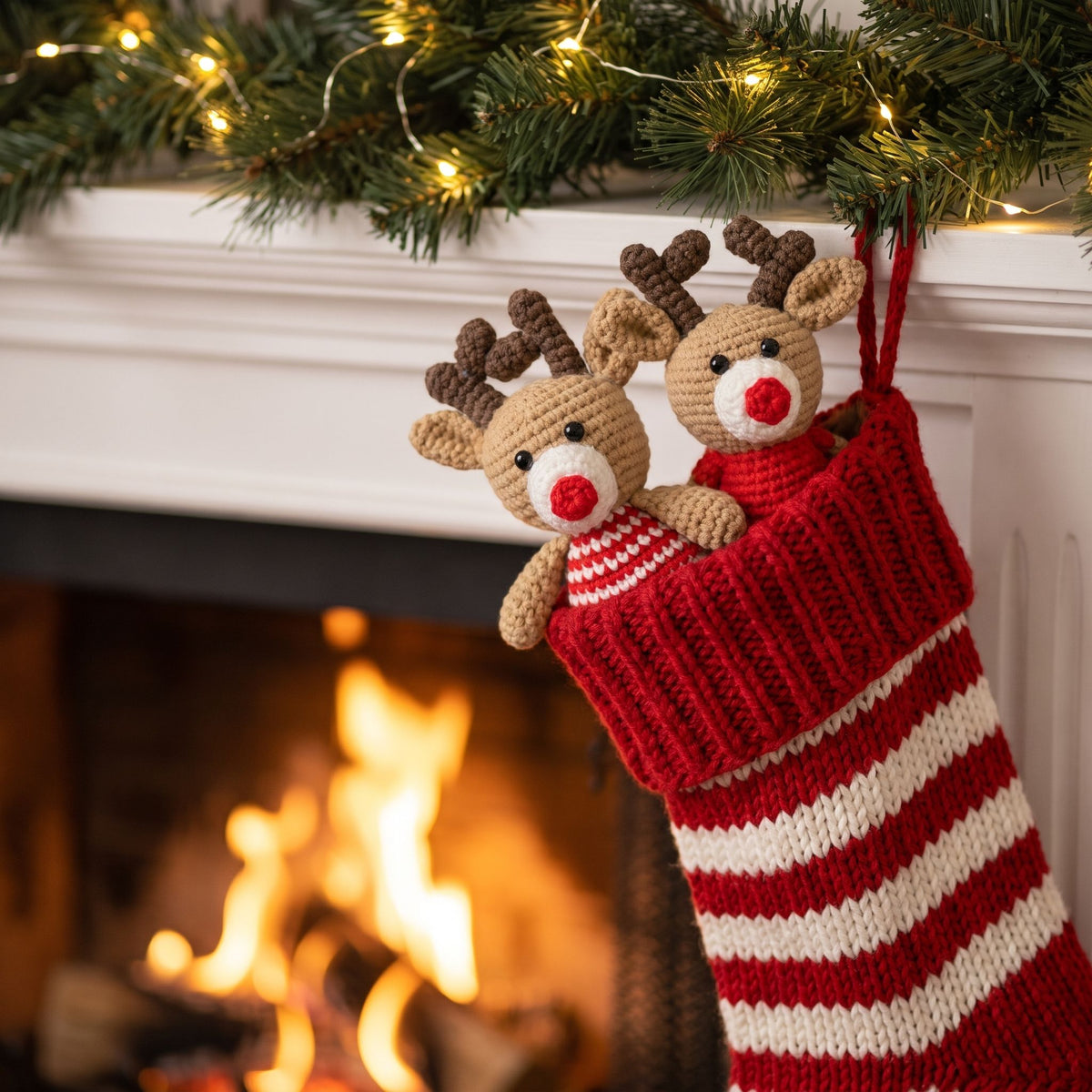 A red and white striped knitted Christmas stocking hangs from a white fireplace mantel with a green garland and warm string lights. Two Handmade crochet reindeer couple ornament set by YarnYummies front view showing both reindeer with coordinated outfits peek out of the stocking, with a blurred fireplace and firewood in the background.