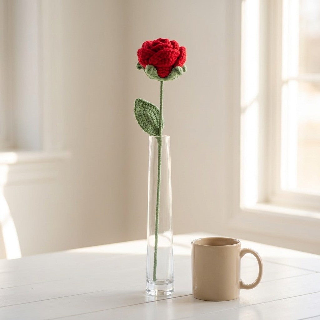 Knitted red rose in a clear vase on a white surface with a beige mug.