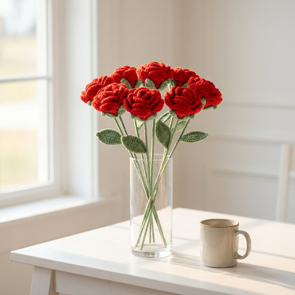 Vase with red crocheted roses on a white table next to a mug.