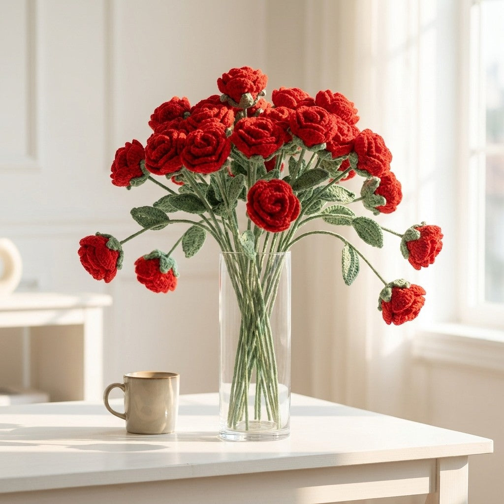 Bouquet of red roses in a clear vase on a white surface with a blurred background