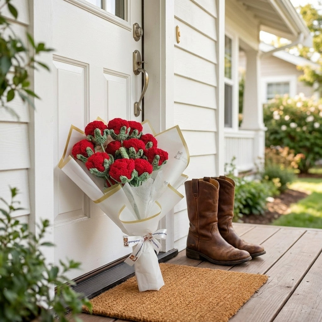 Handmade Crochet Red Rose | Single Stem to Full Dozen Bundle
