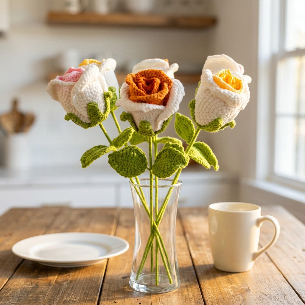 Crocheted roses in a glass vase on a wooden table with a cup and plate.