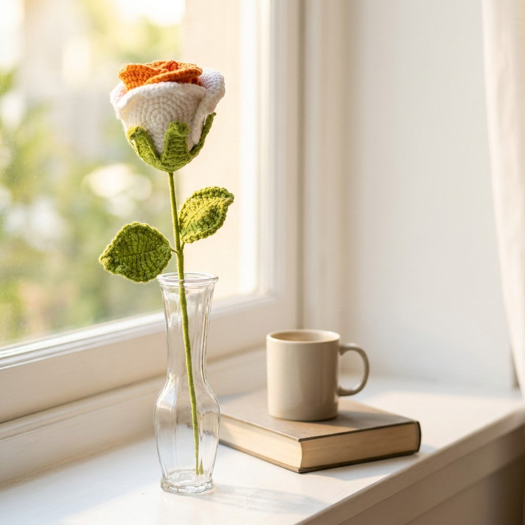 Crocheted rose flower in a clear vase on a windowsill with a book and mug.