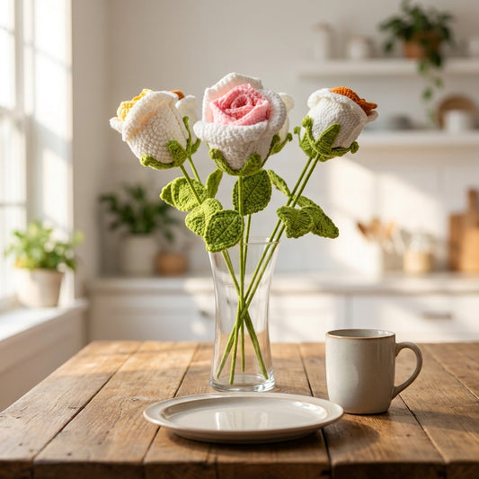 Knitted roses in a glass vase on a wooden table with a cup and saucer.