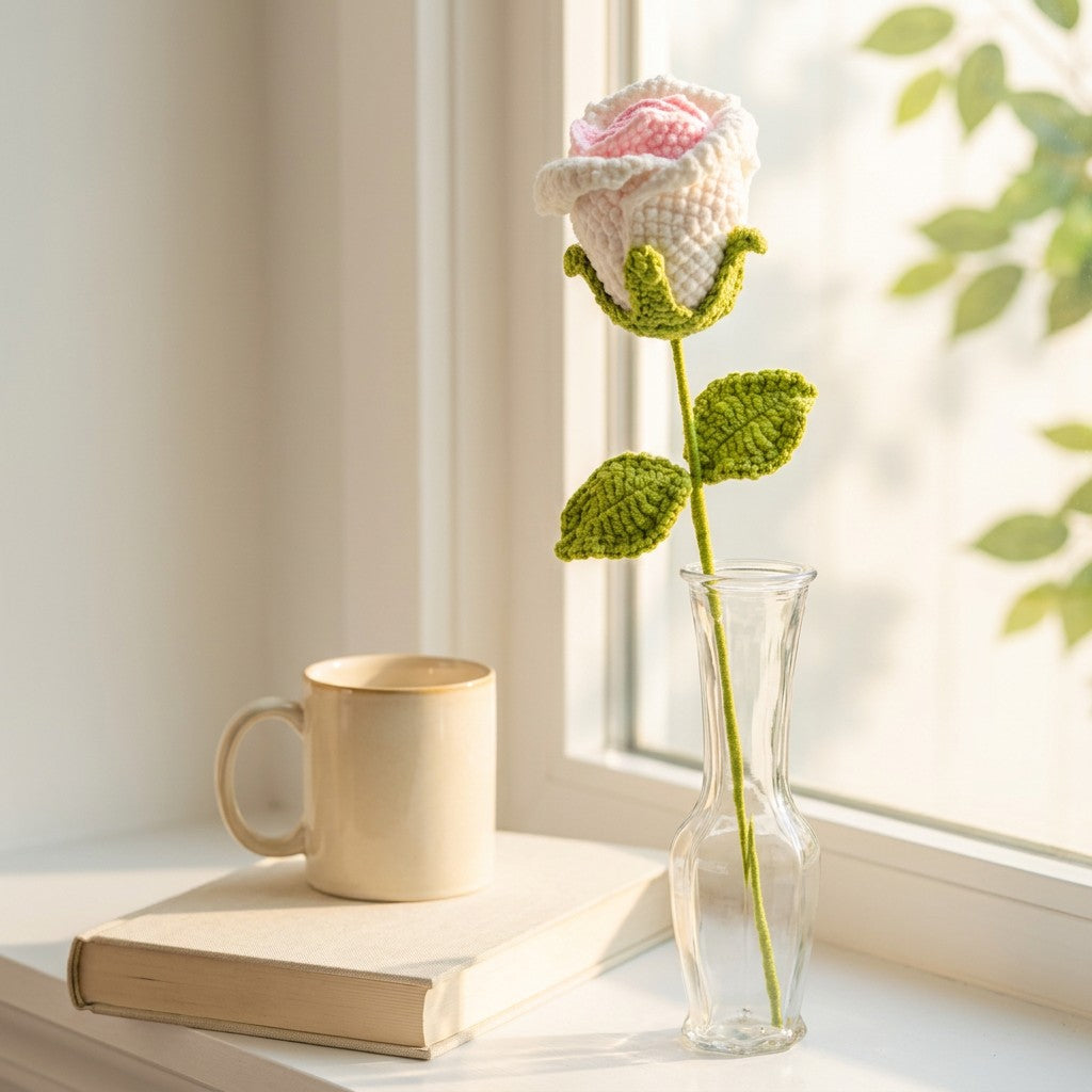 Crocheted rose in a clear vase on a windowsill with a mug and book.