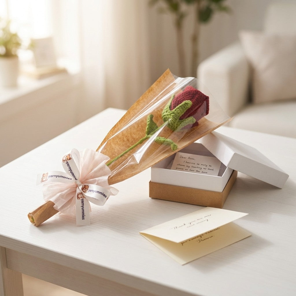 Knitted rose in a clear plastic wrap on a white table with a card and gift box.