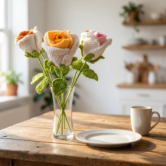 Crocheted rose flowers in a vase on a wooden table with a cup and plate.